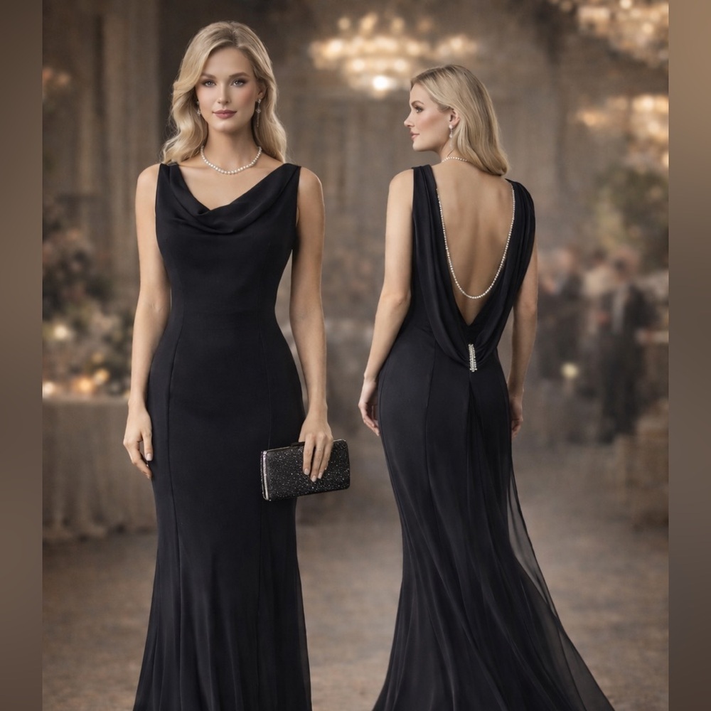 NWT, VTG Fanny Collection, Black,Draped Open-Back,Fishtail Evening Gown,Size 10